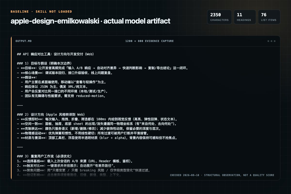 Screenshot of the actual model output for apple-design without the Skill