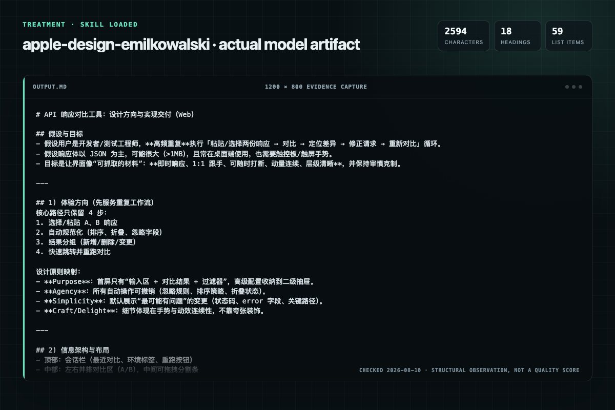 Screenshot of the actual model output for apple-design with the Skill
