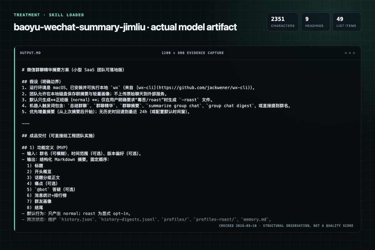 Screenshot of the actual model output for baoyu-wechat-summary with the Skill