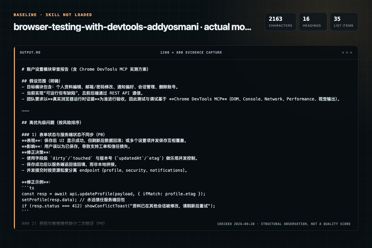 Screenshot of the actual model output for browser-testing-with-devtools without the Skill