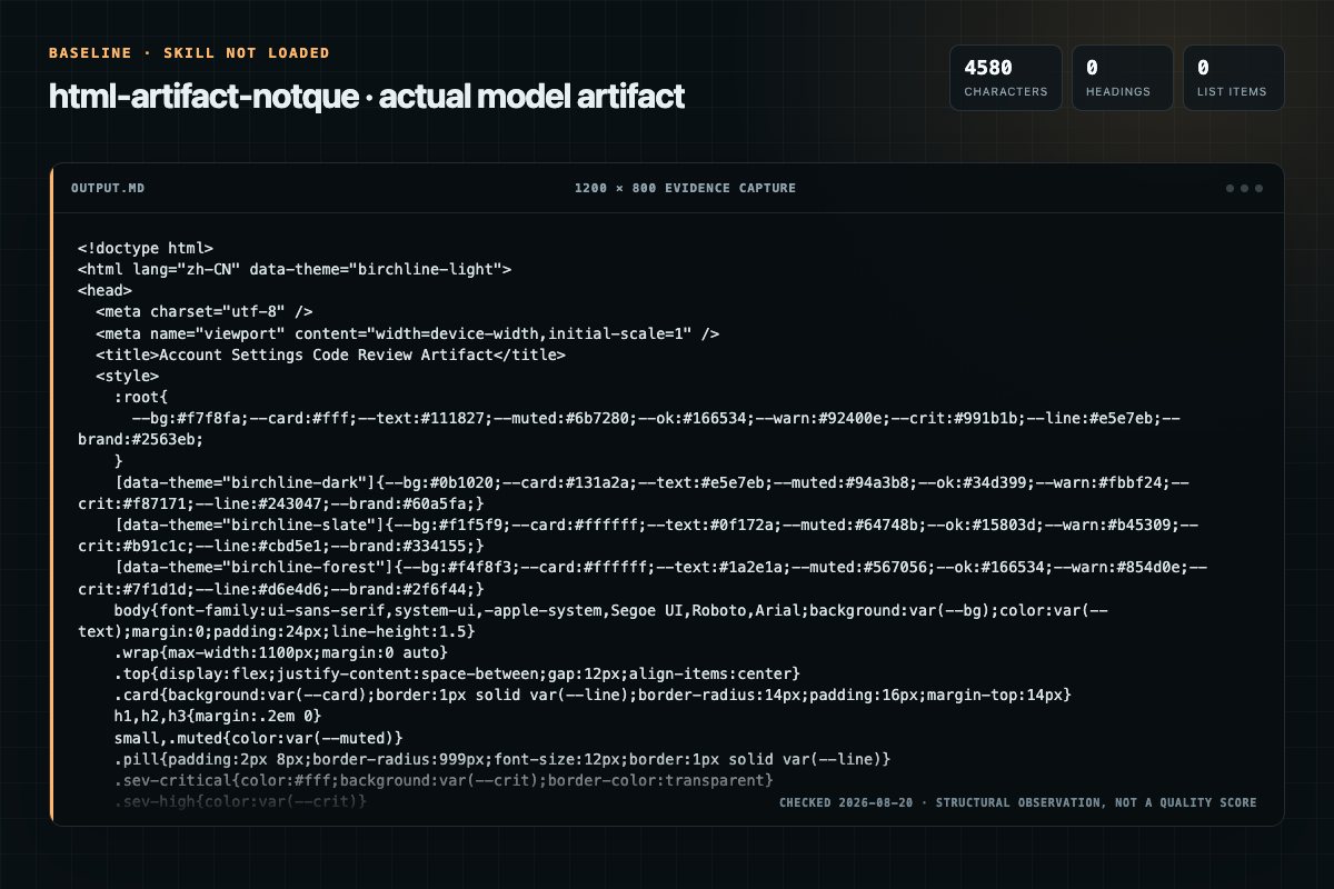 Screenshot of the actual model output for html-artifact without the Skill