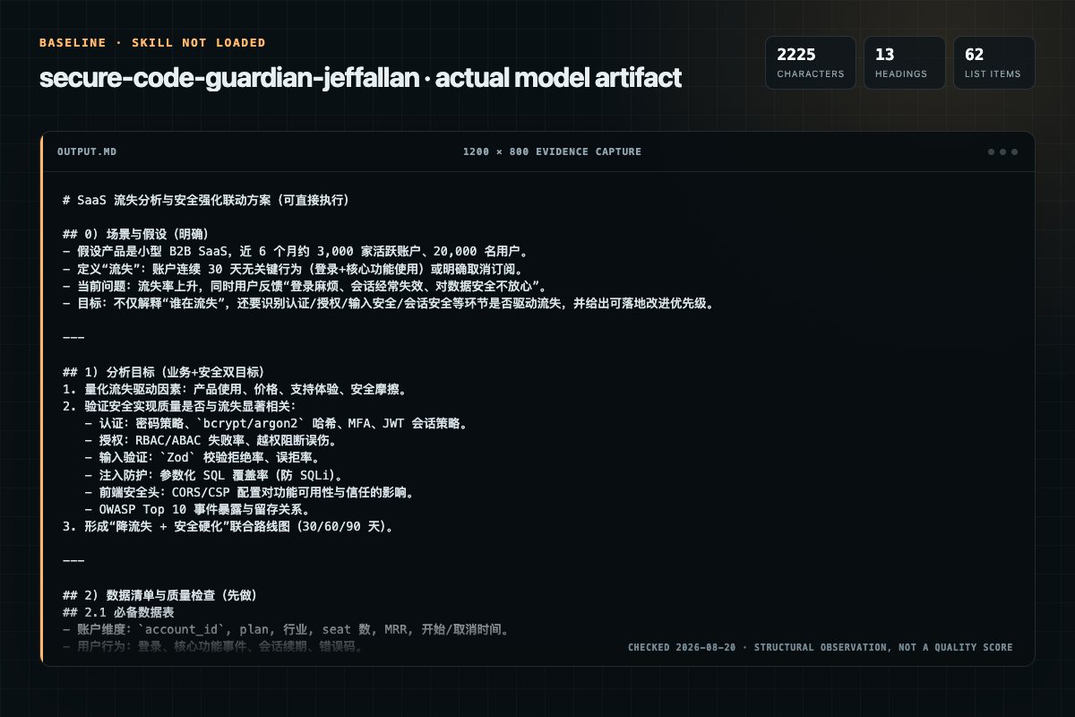 Screenshot of the actual model output for secure-code-guardian without the Skill