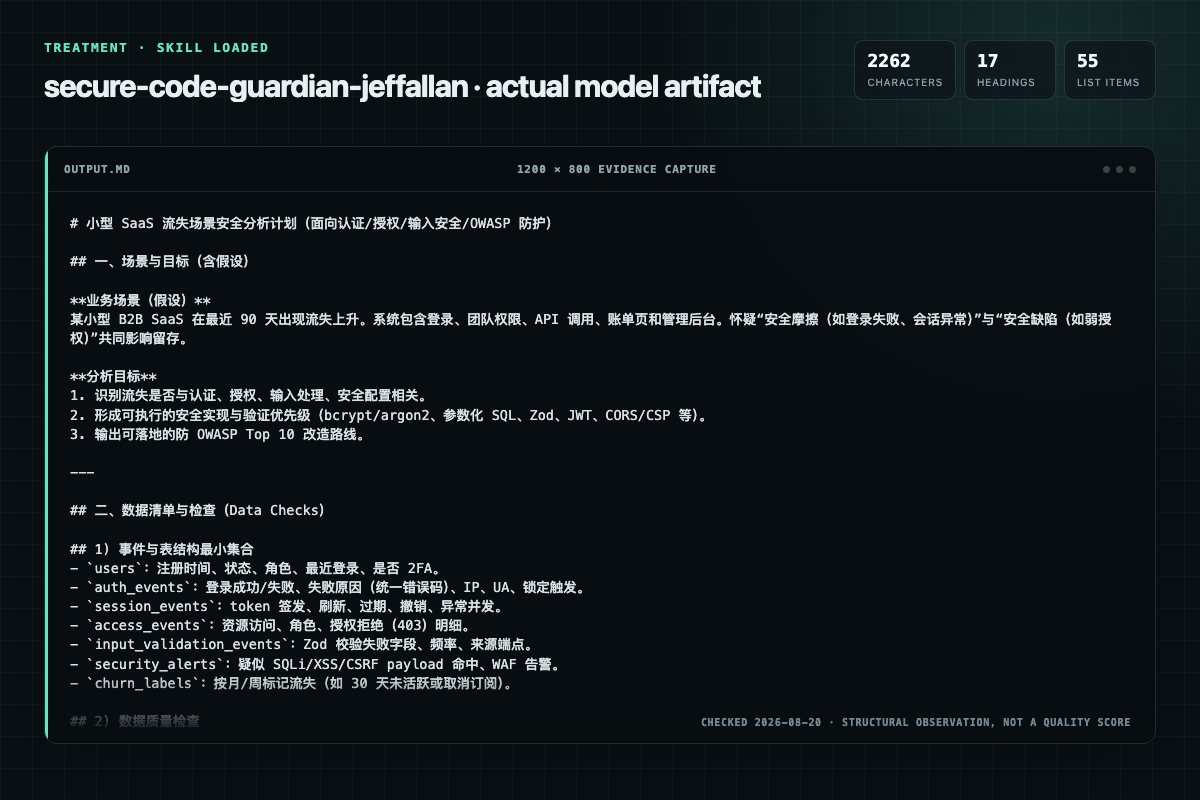 Screenshot of the actual model output for secure-code-guardian with the Skill