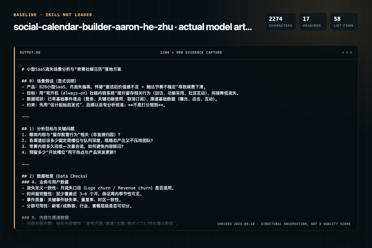 Screenshot of the actual model output for social-calendar-builder without the Skill