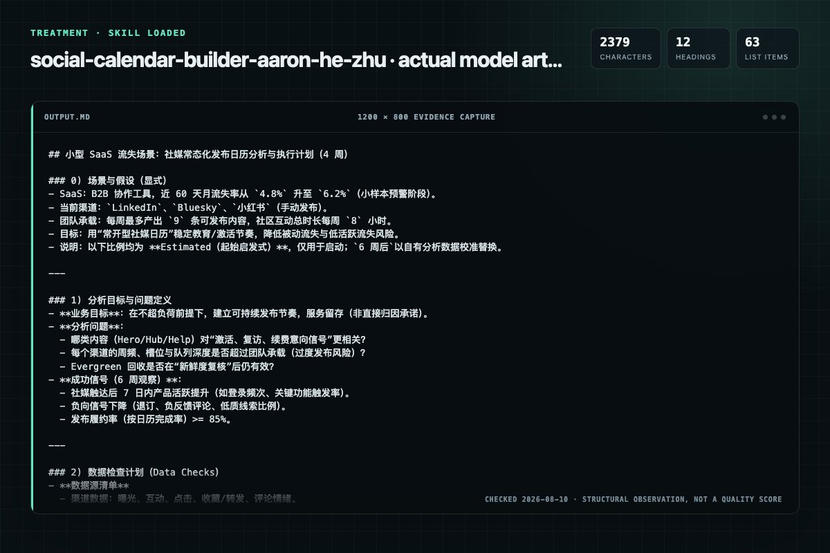 Screenshot of the actual model output for social-calendar-builder with the Skill